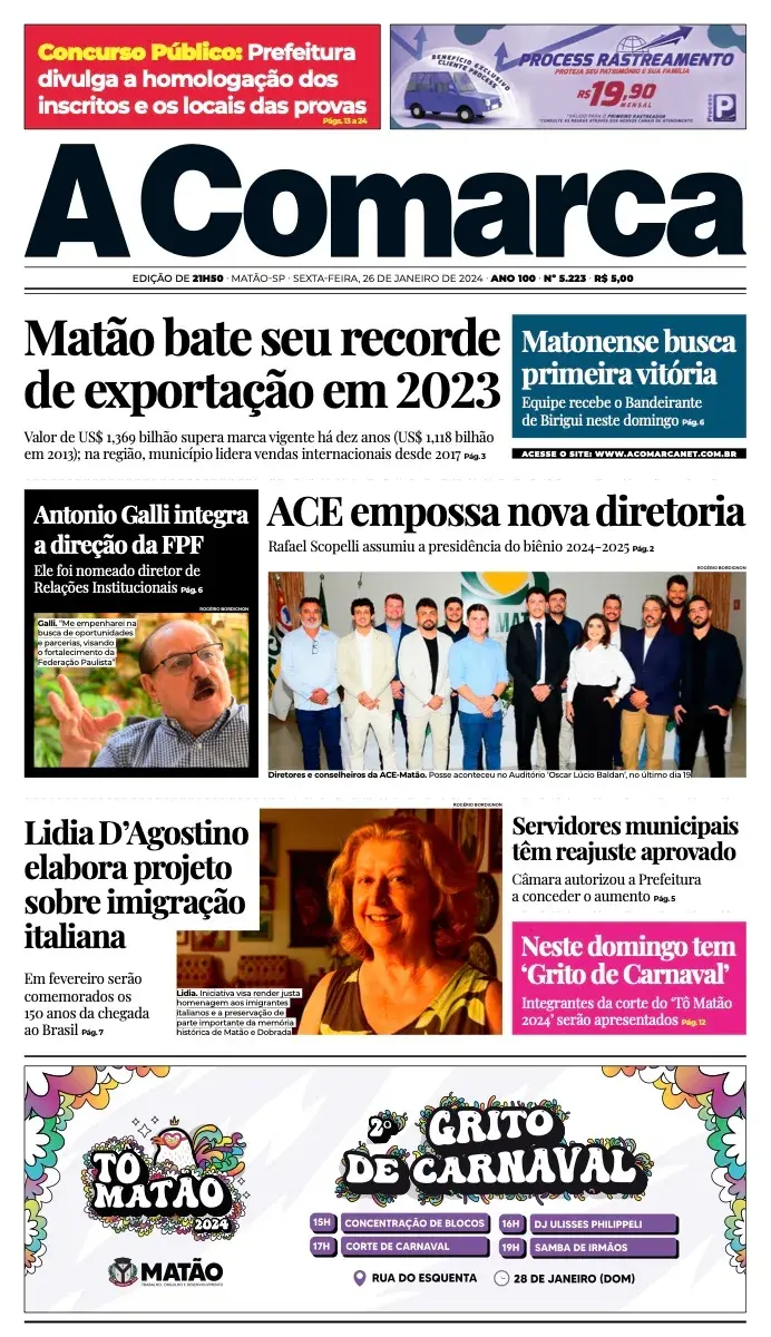 Primeira página da edição 5223 de A Comarca, 26 de janeiro de 2024