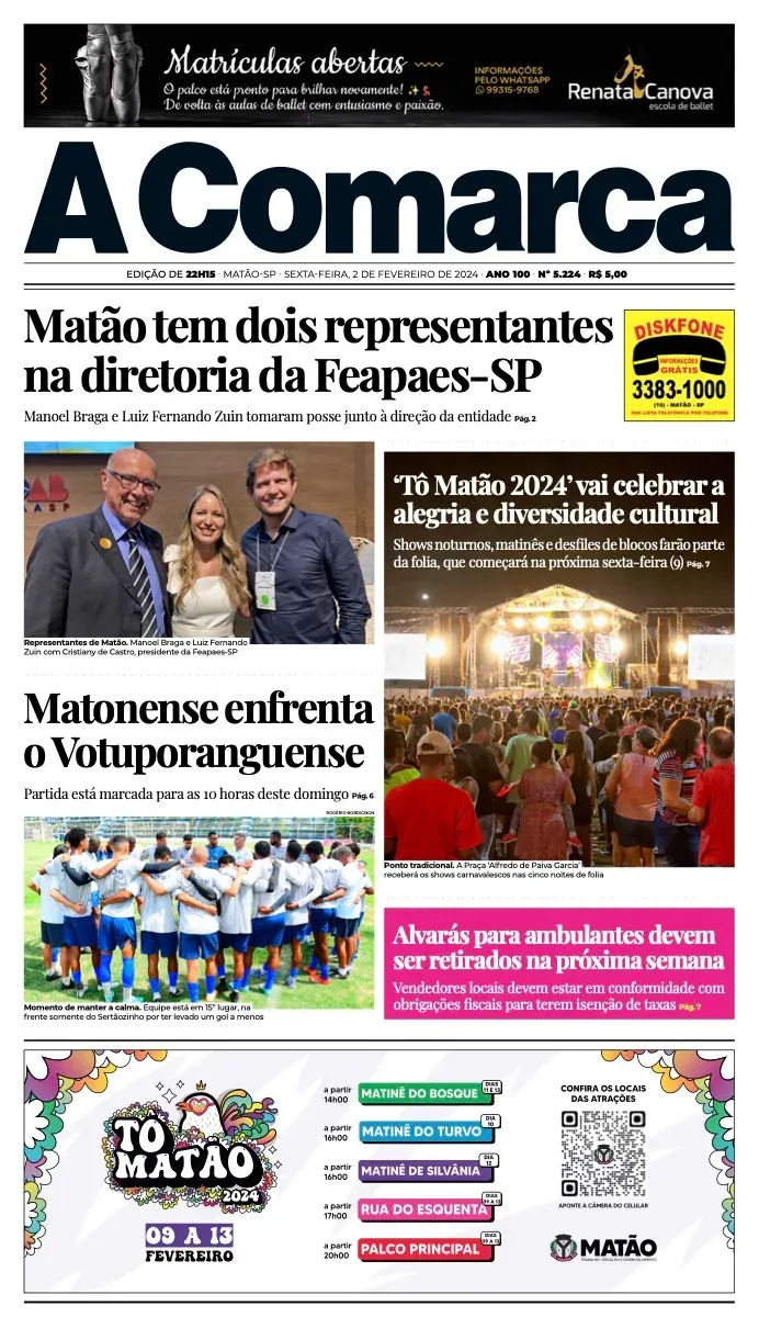Primeira página da edição 5224 de A Comarca, 2 de fevereiro de 2024