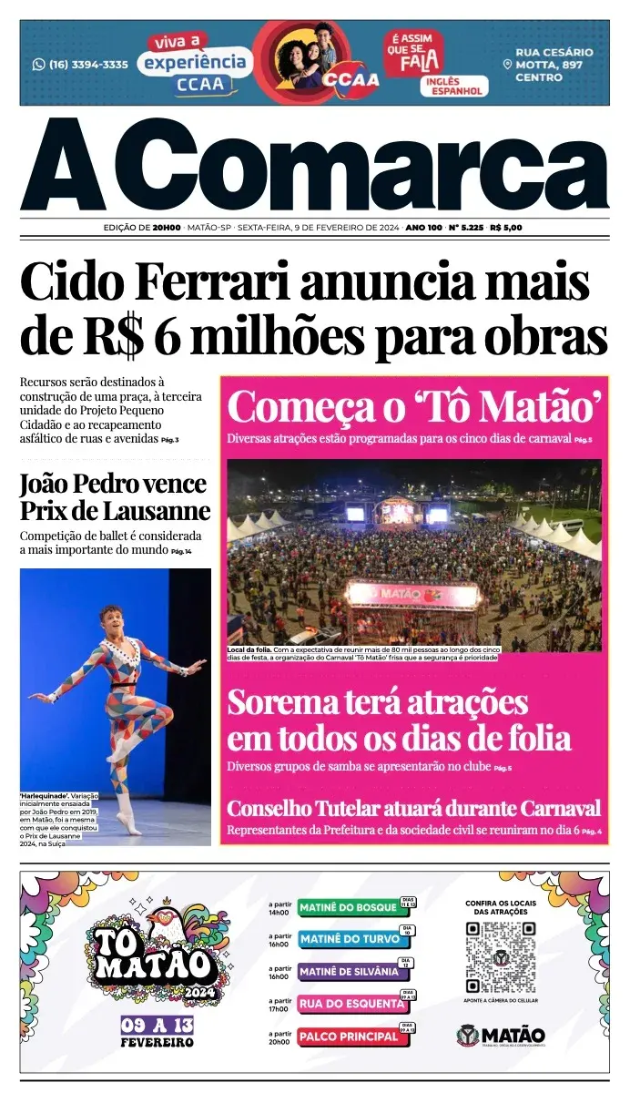 Primeira página da edição 5225 de A Comarca, 9 de fevereiro de 2024