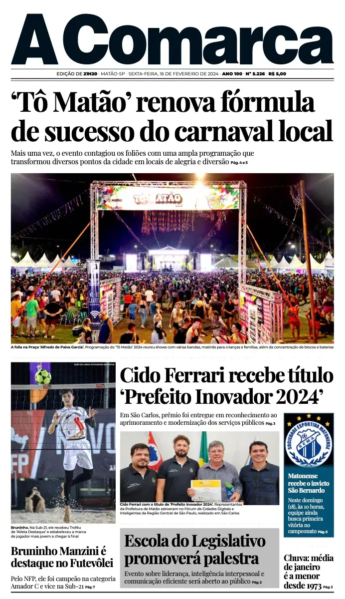 Primeira página da edição 5226 de A Comarca, 16 de fevereiro de 2024