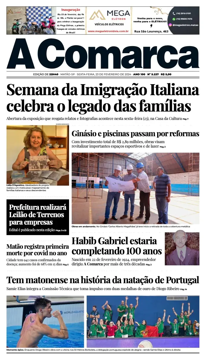 Primeira página da edição 5227 de A Comarca, 23 de fevereiro de 2024