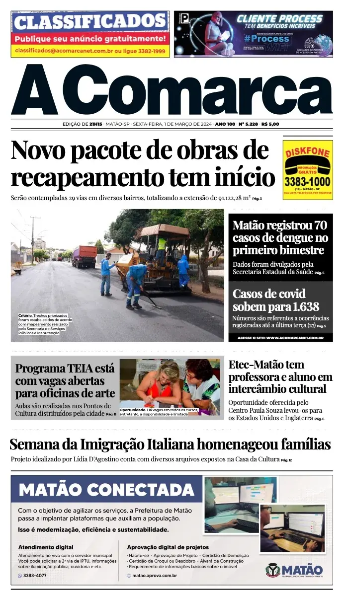 Primeira página da edição 5228 de A Comarca, 1 de março de 2024