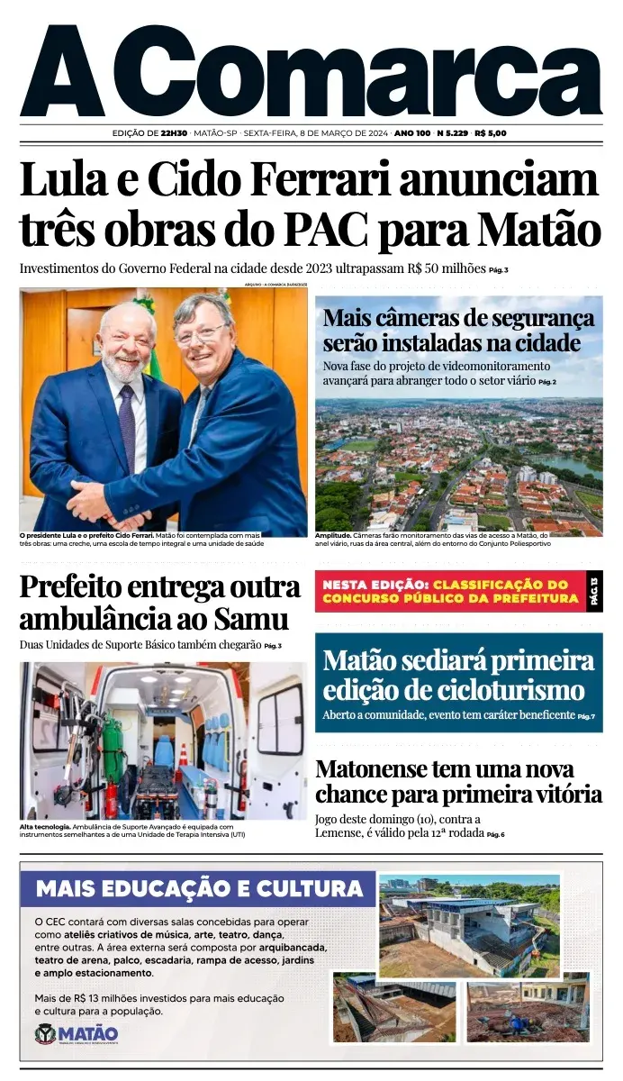Primeira página da edição 5229 de A Comarca, 8 de março de 2024
