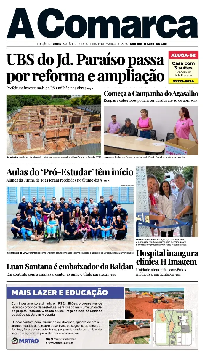 Primeira página da edição 5230 de A Comarca, 15 de março de 2024