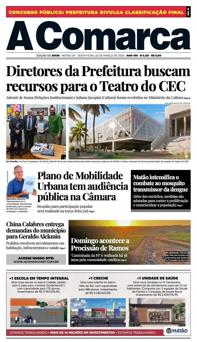 Primeira página da edição 5231 de A Comarca, 22 de março de 2024