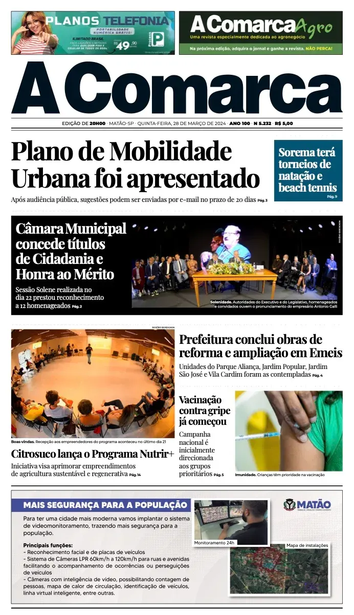 Primeira página da edição 5232 de A Comarca, 28 de março de 2024
