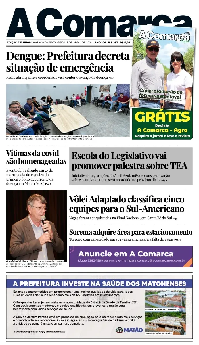 Primeira página da edição 5233 de A Comarca, 5 de abril de 2024