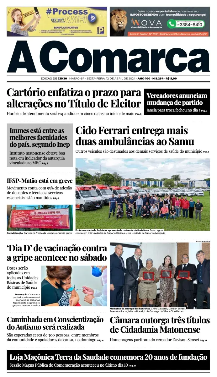 Primeira página da edição 5234 de A Comarca, 12 de abril de 2024
