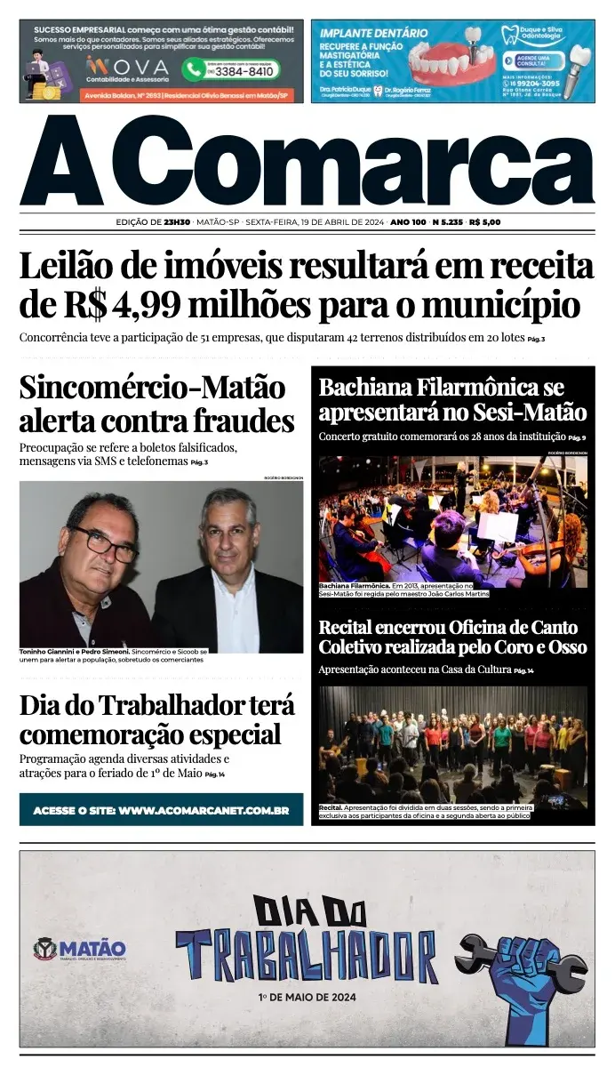 Primeira página da edição 5235 de A Comarca, 19 de abril de 2024
