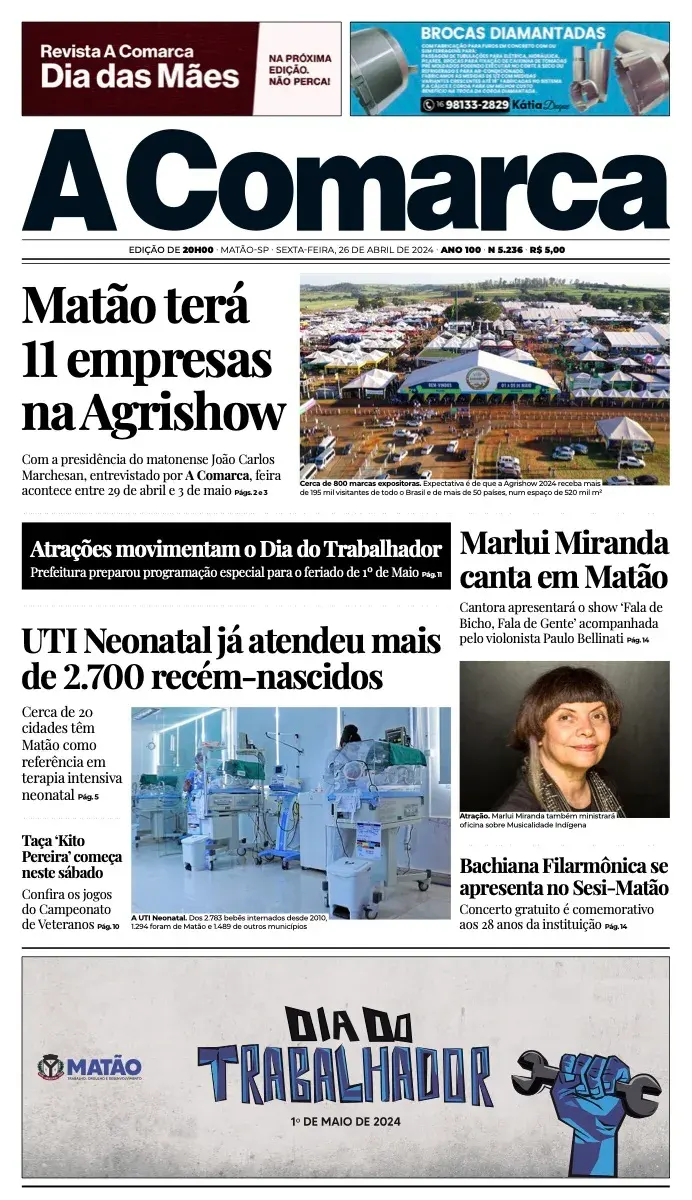 Primeira página da edição 5236 de A Comarca, 26 de abril de 2024