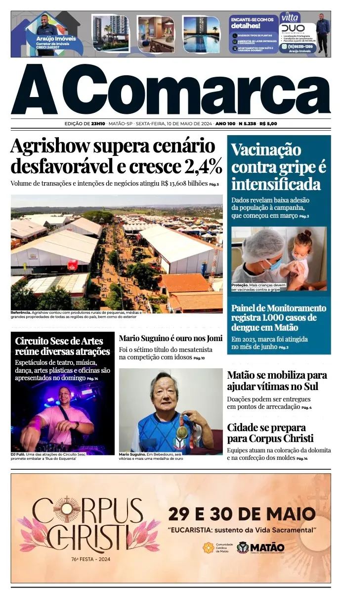 Primeira página da edição 5238 de A Comarca, 10 de maio de 2024