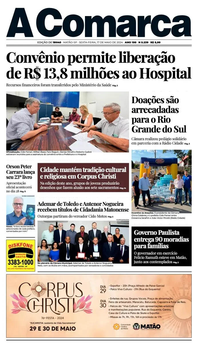 Primeira página da edição 5239 de A Comarca, 17 de maio de 2024