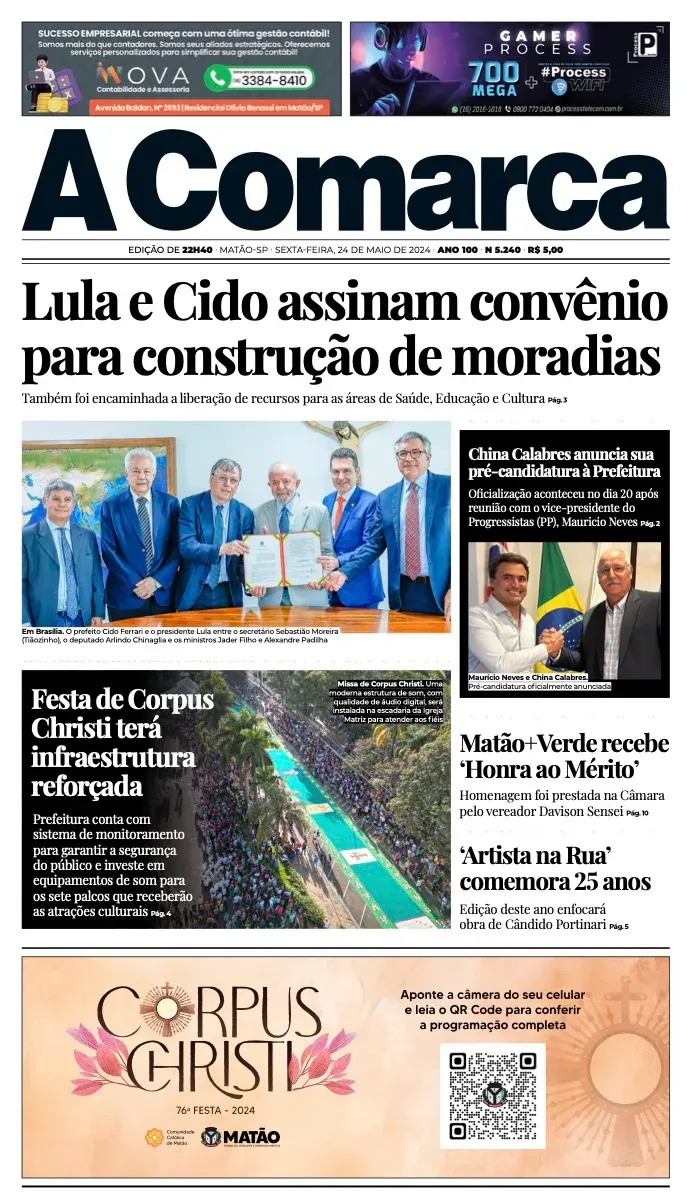 Primeira página da edição 5240 de A Comarca, 24 de maio de 2024