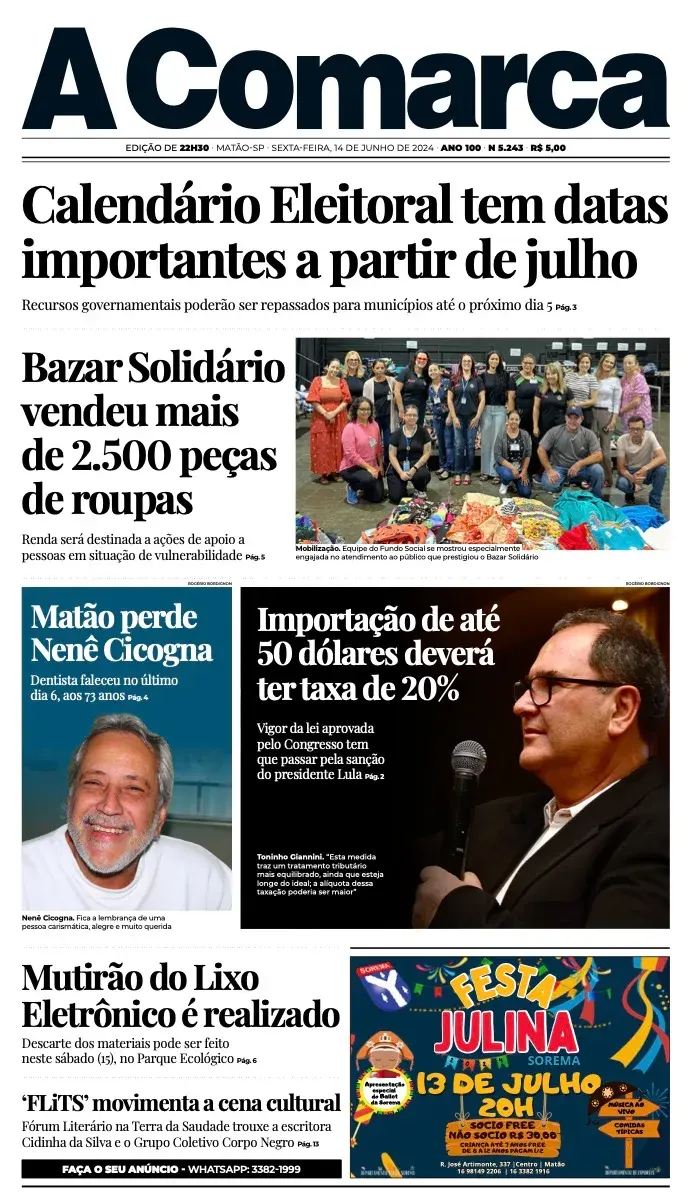 Primeira página da edição 5243 de A Comarca, 14 de junho de 2024