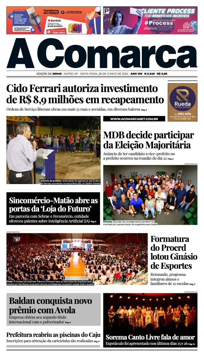 Primeira página da edição 5245 de A Comarca, 28 de junho de 2024