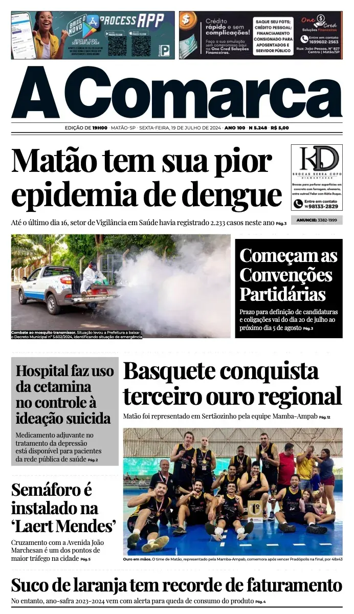 Primeira página da edição 5248 de A Comarca, 19 de julho de 2024