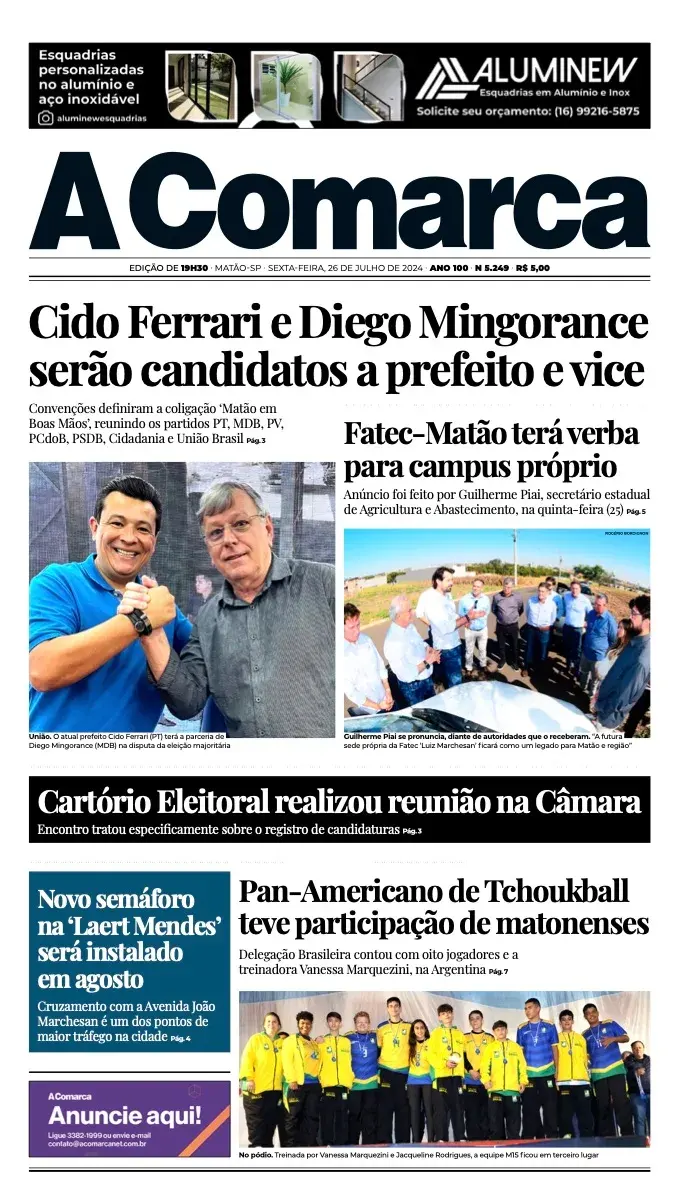 Primeira página da edição 5249 de A Comarca, 26 de julho de 2024
