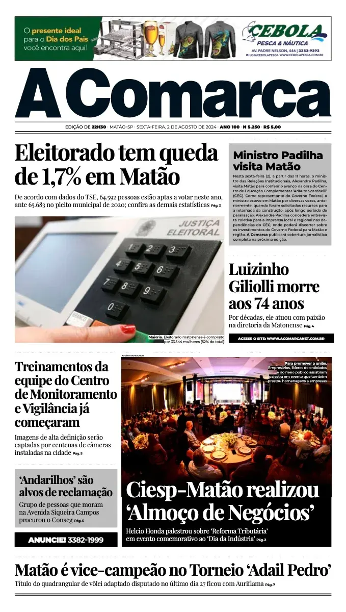 Primeira página da edição 5250 de A Comarca, 2 de agosto de 2024