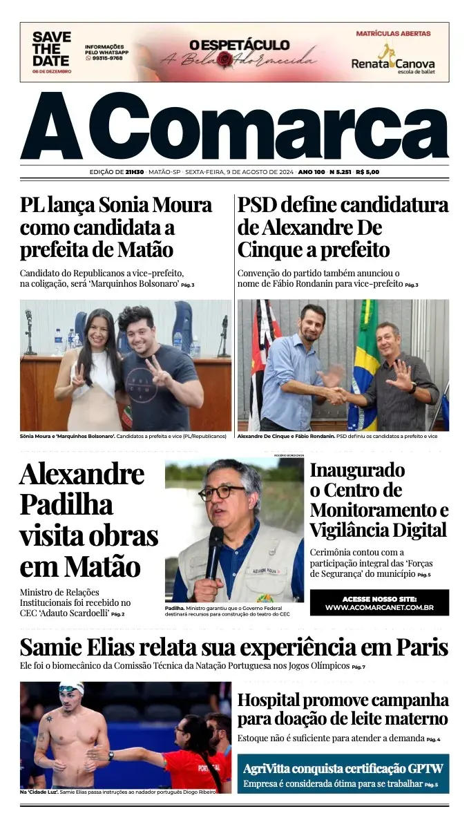 Primeira página da edição 5251 de A Comarca, 9 de agosto de 2024