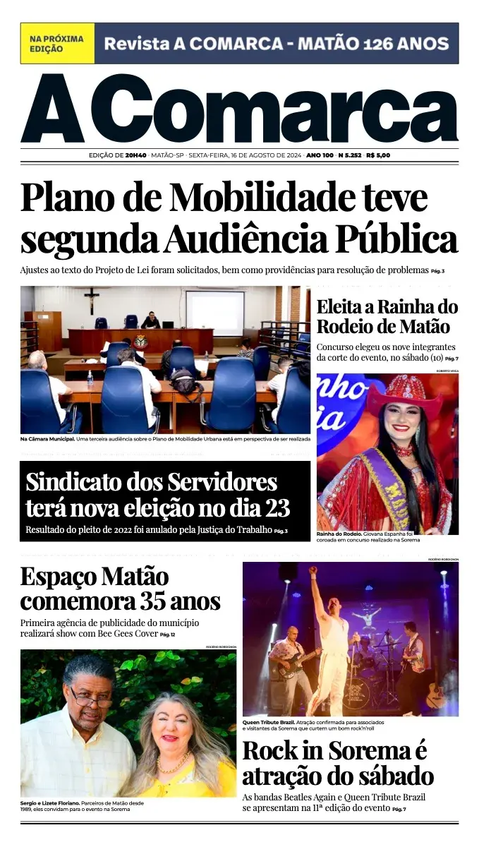 Primeira página da edição 5252 de A Comarca, 16 de agosto de 2024