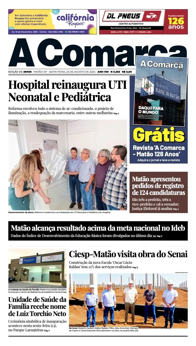 Primeira página da edição 5253 de A Comarca, 23 de agosto de 2024