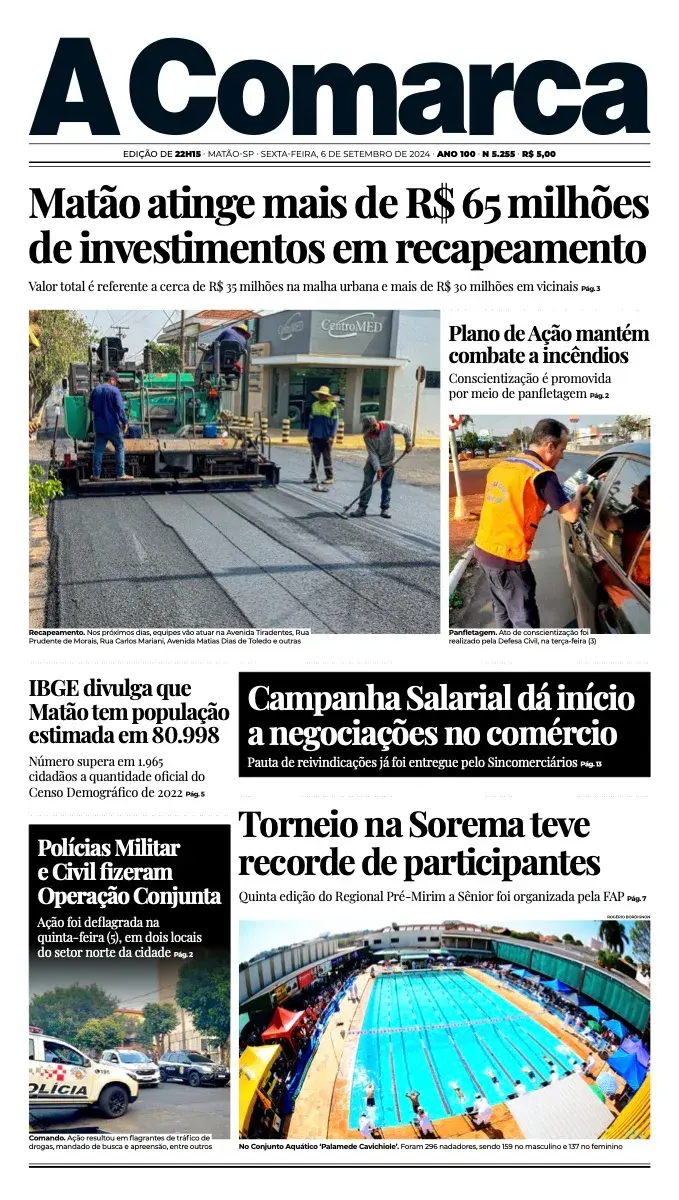 Primeira página da edição 5255 de A Comarca, 6 de setembro de 2024