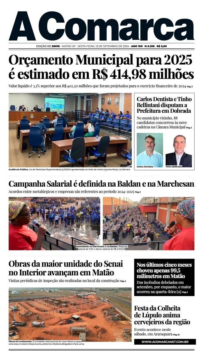 Primeira página da edição 5256 de A Comarca, 13 de setembro de 2024
