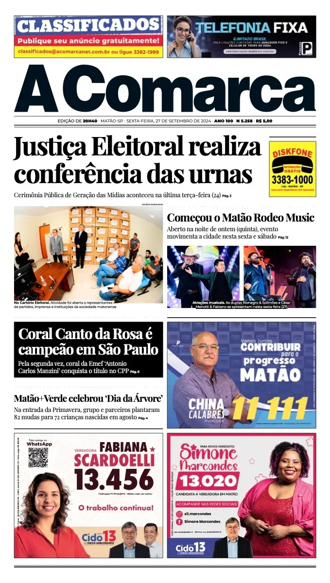 Primeira página da edição 5258 de A Comarca, 27 de setembro de 2024