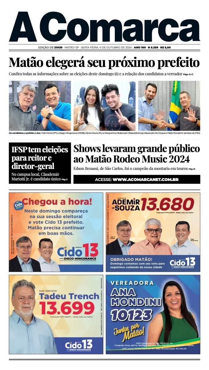 Primeira página da edição 5259 de A Comarca, 4 de outubro de 2024