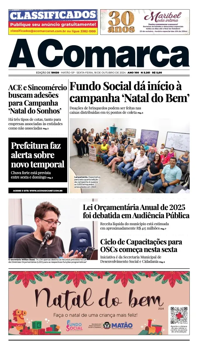 Primeira página da edição 5261 de A Comarca, 18 de outubro de 2024