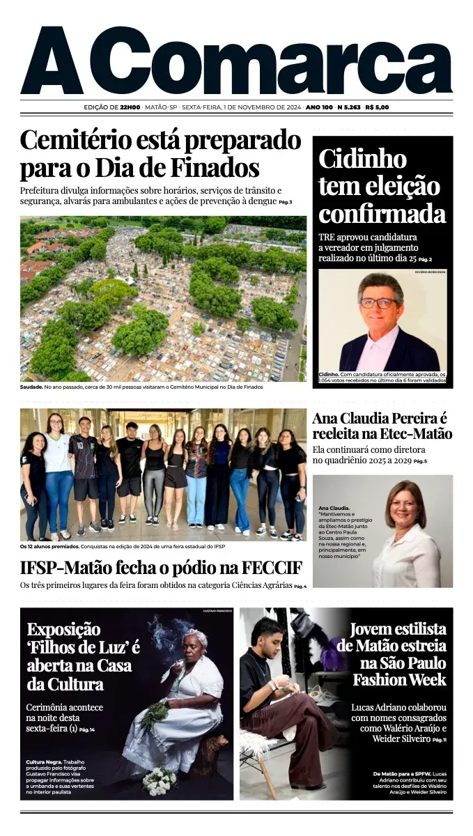 Primeira página da edição 5263 de A Comarca, 1 de novembro de 2024