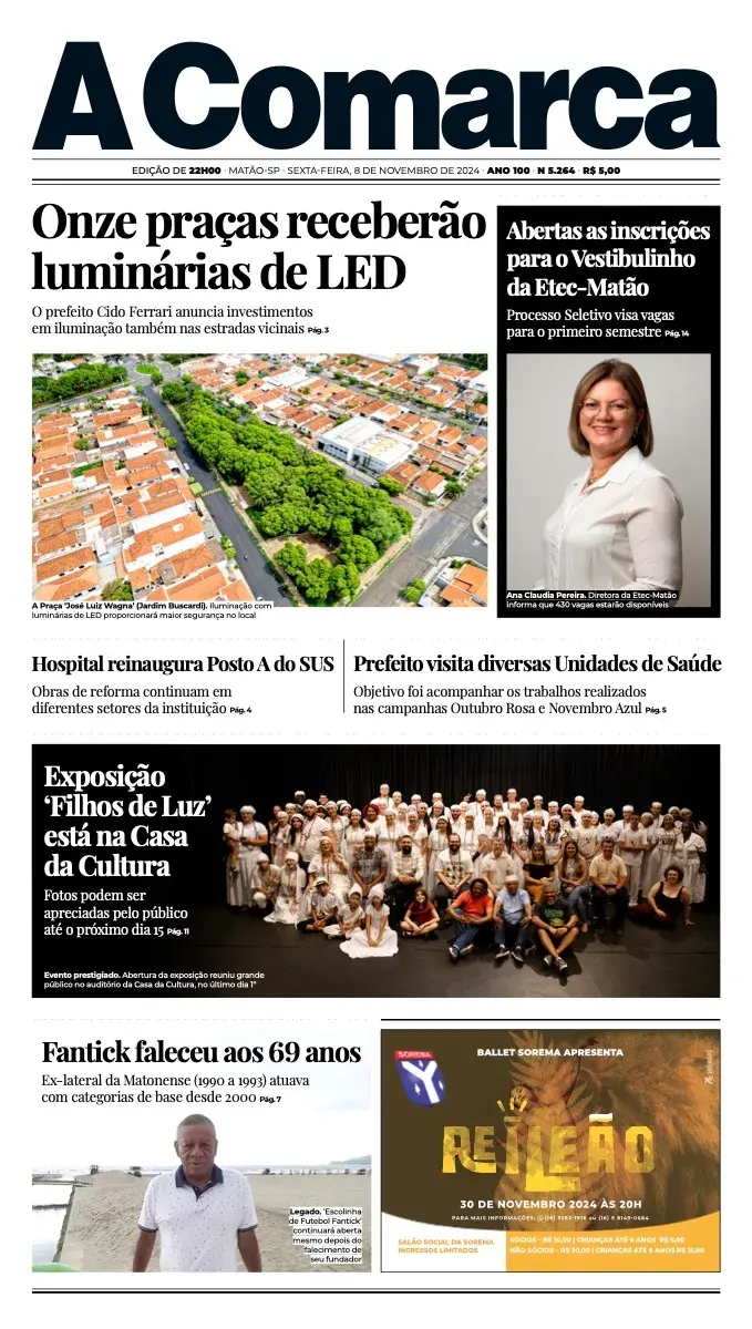 Primeira página da edição 5264 de A Comarca, 8 de novembro de 2024