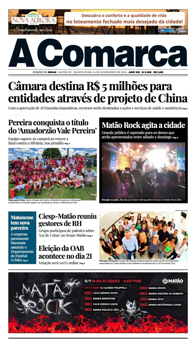 Primeira página da edição 5265 de A Comarca, 14 de novembro de 2024