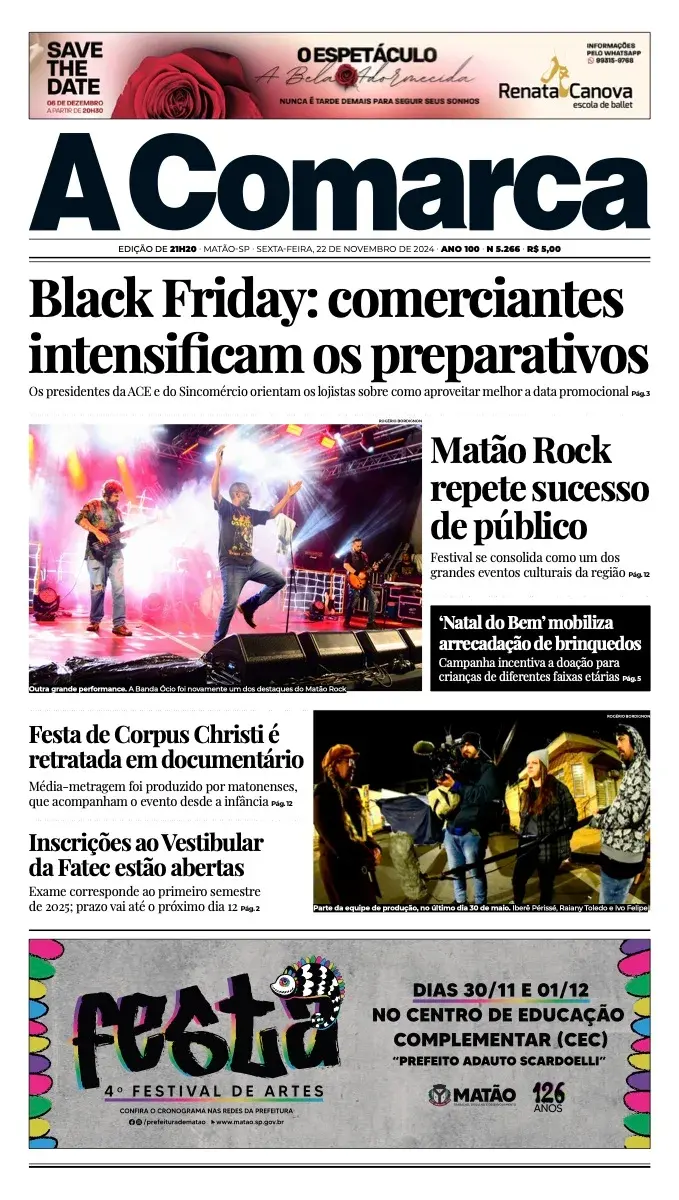 Primeira página da edição 5266 de A Comarca, 22 de novembro de 2024