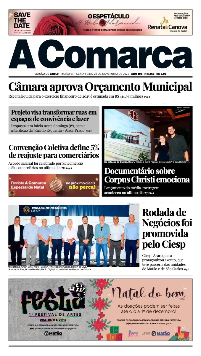 Primeira página da edição 5267 de A Comarca, 29 de novembro de 2024