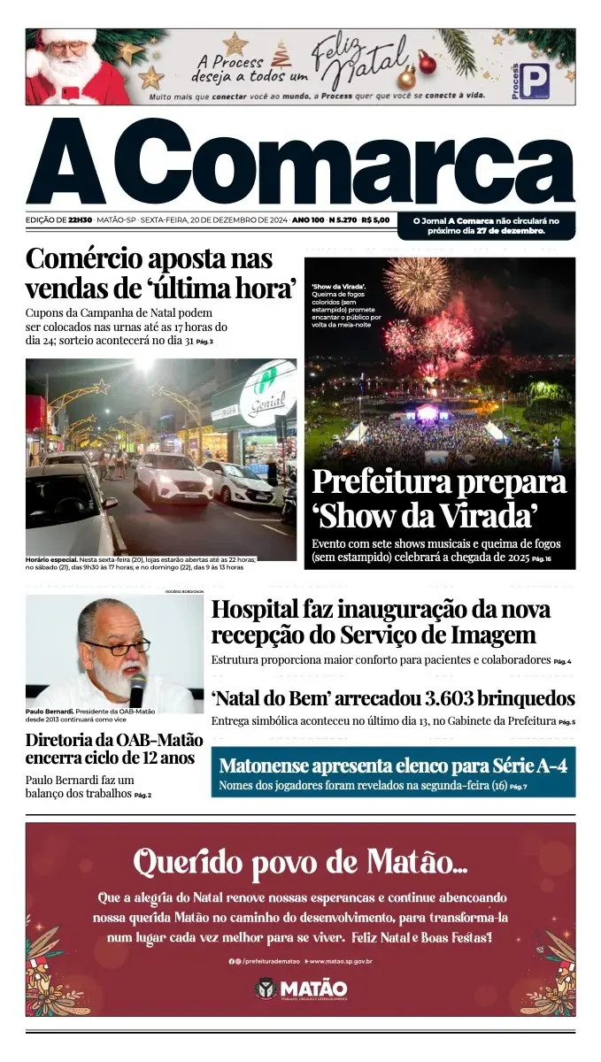 Primeira página da edição 5270 de A Comarca, 20 de dezembro de 2024