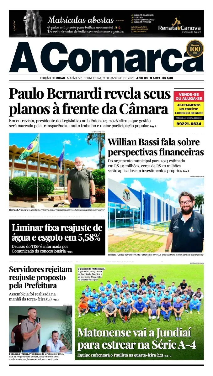 Primeira página da edição 5273 de A Comarca, 17 de janeiro de 2025