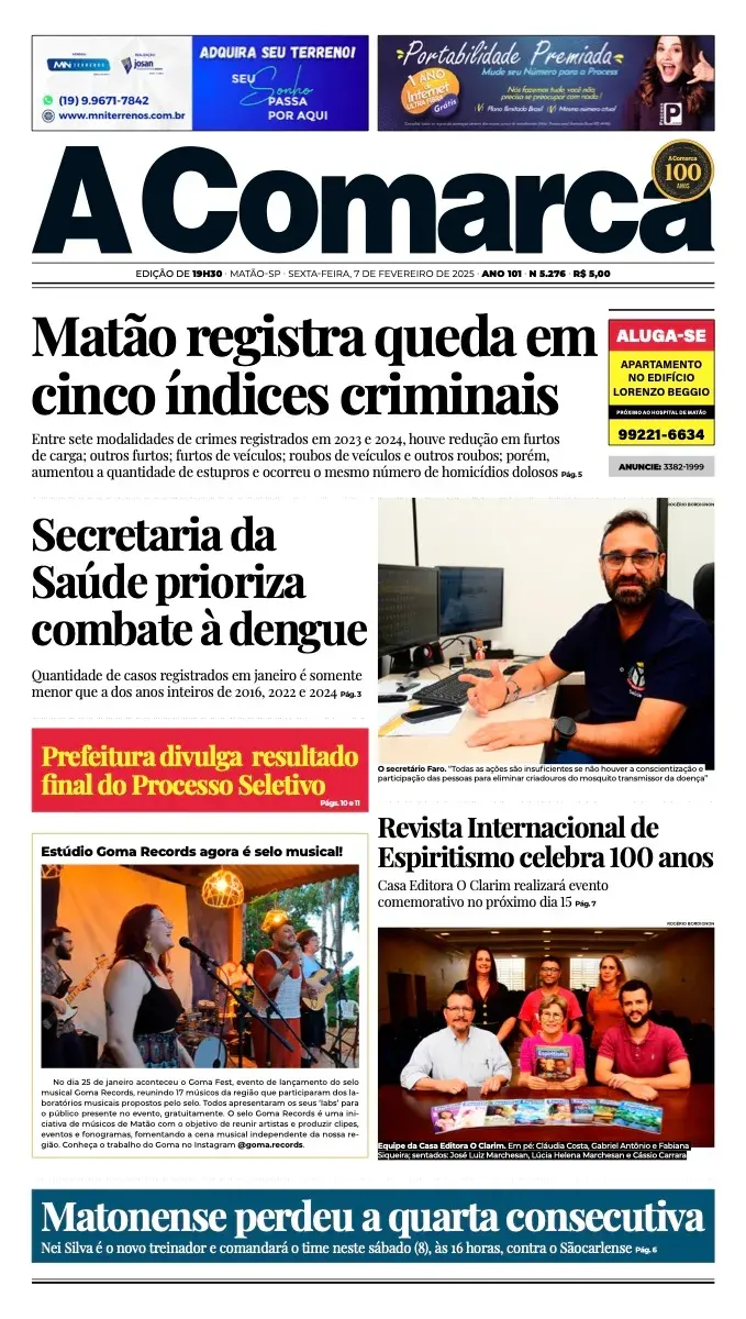 Primeira página da edição 5276 de A Comarca, 7 de fevereiro de 2025