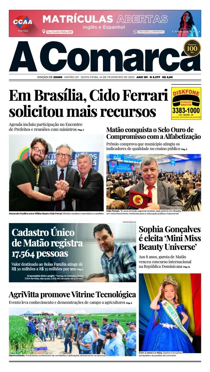 Primeira página da edição 5277 de A Comarca, 14 de fevereiro de 2025