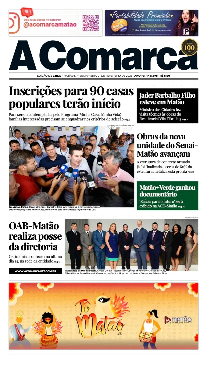 Primeira página da edição 5278 de A Comarca, 21 de fevereiro de 2025