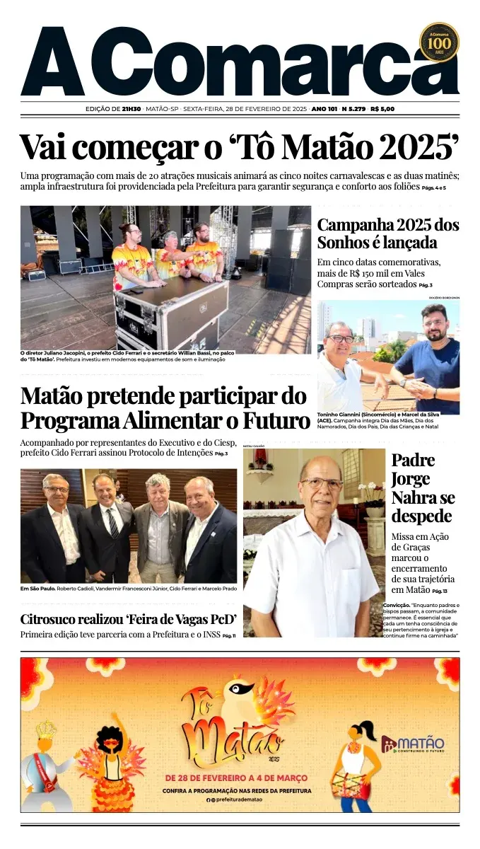 Primeira página da edição 5279 de A Comarca, 28 de fevereiro de 2025