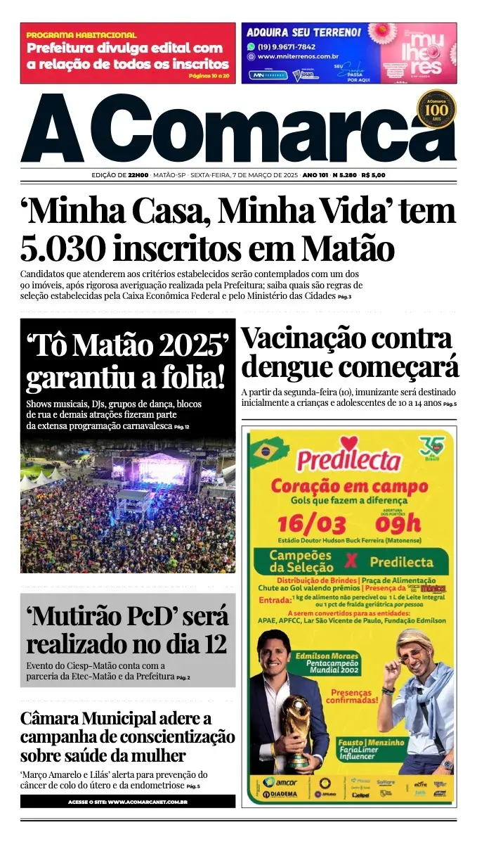 Primeira página da edição 5280 de A Comarca, 7 de março de 2025