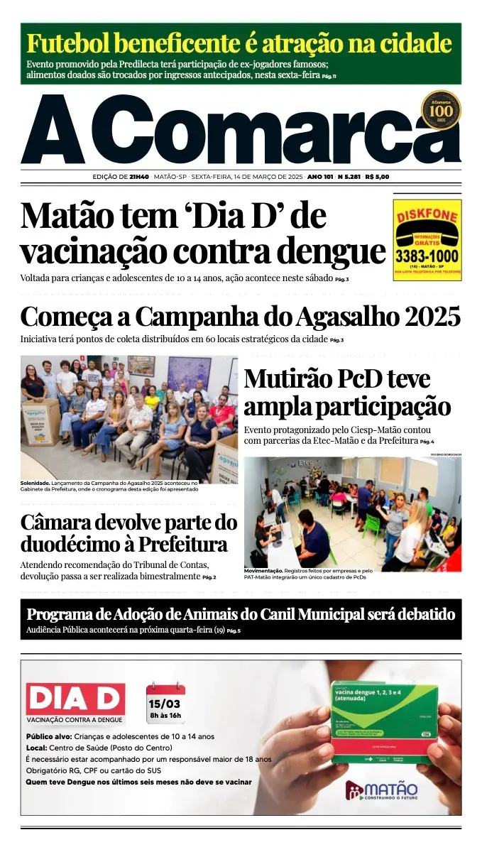 Primeira página da edição 5281 de A Comarca, 14 de março de 2025