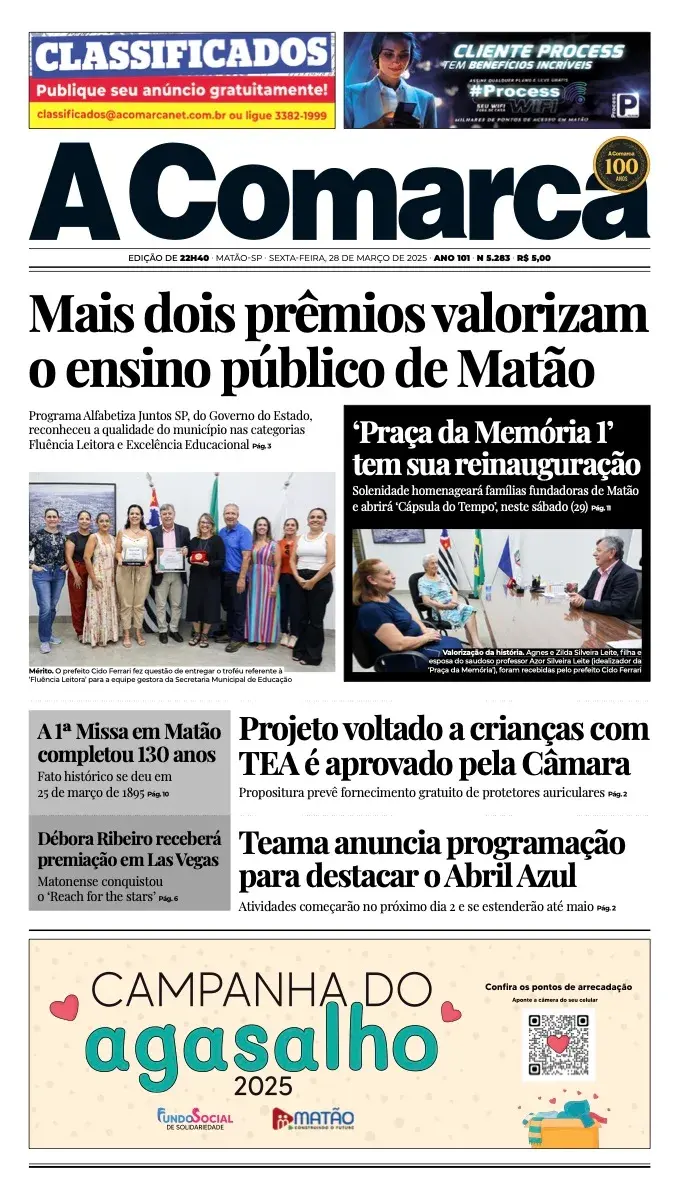 Primeira página da edição 5283 de A Comarca, 28 de março de 2025