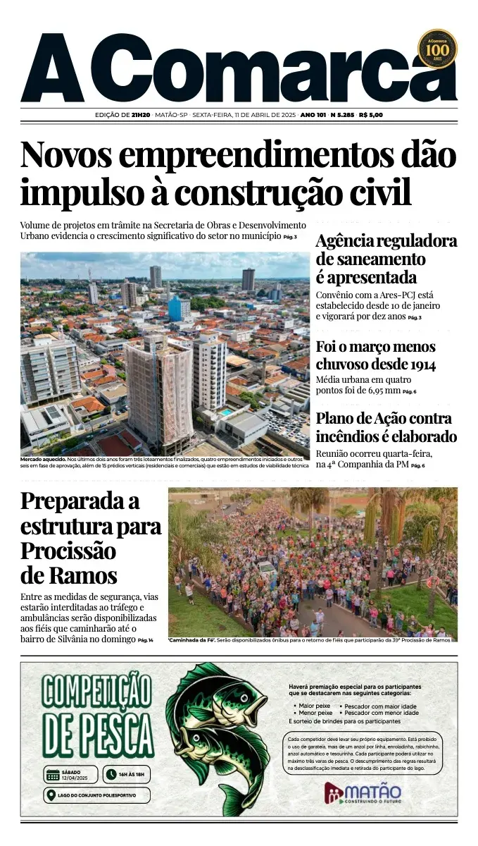 Primeira página da edição 5285 de A Comarca, 11 de abril de 2025