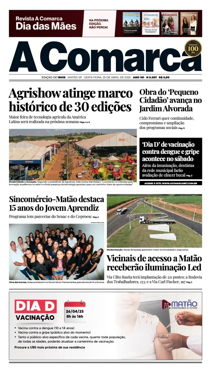 Primeira página da edição 5287 de A Comarca, 25 de abril de 2025