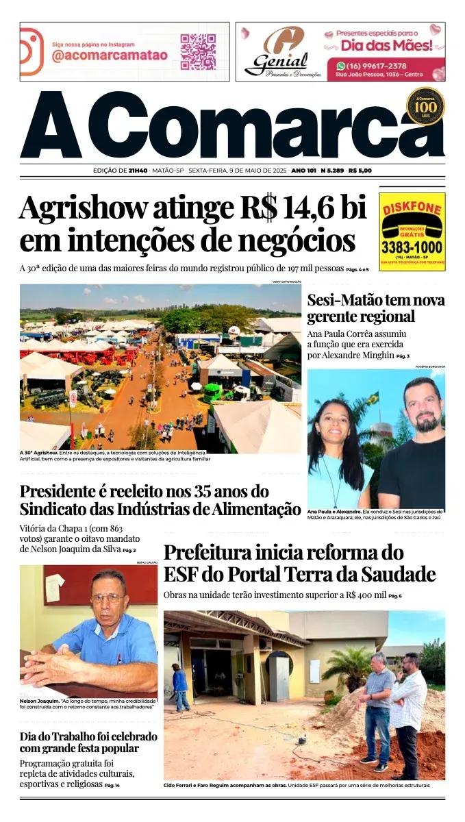Primeira página da edição 5289 de A Comarca, 9 de maio de 2025