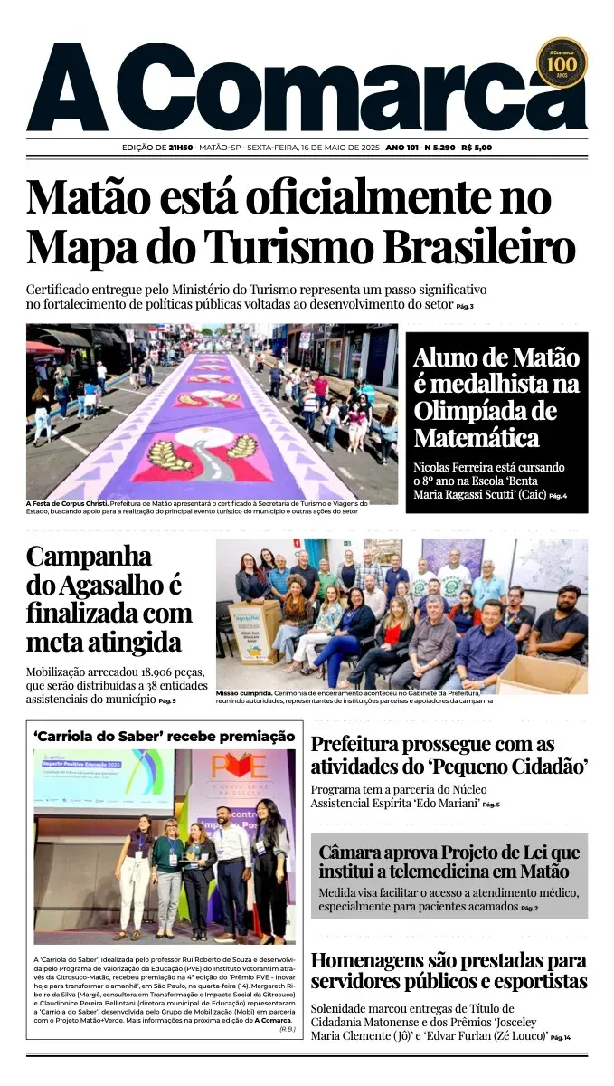 Primeira página da edição 5290 de A Comarca, 16 de maio de 2025