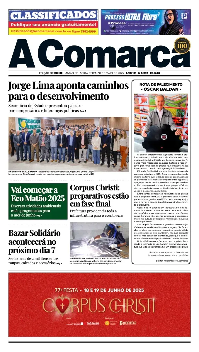 Primeira página da edição 5292 de A Comarca, 30 de maio de 2025