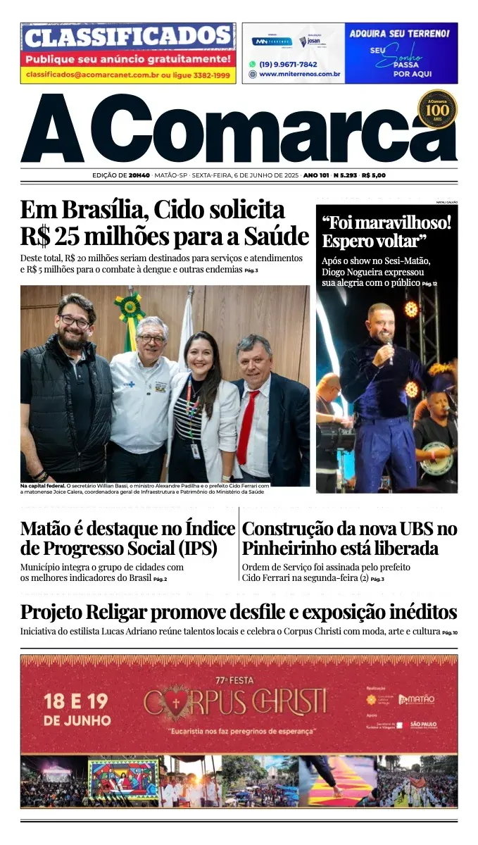 Primeira página da edição 5293 de A Comarca, 6 de junho de 2025